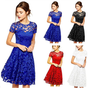 ZMHTDREAMHUNTER Sexy Frauen Floral Spitze Kleid Rundhals Kurzarm Vintage Spitze A-line Kleid Patchwork Schlank Plissee Swing Cocktail Party Kleid