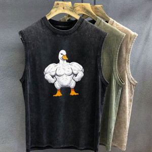 Potdemiel Übergroßes T-Shirt für Männer, Vintage-Stil, gewaschene Muskel-Ente, Cartoon-Grafikdruck, Tank-Top, ärmellose Weste, Damen-Fitnessstudio,