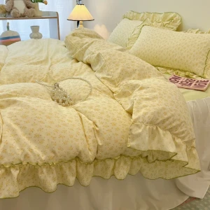 Lshah Koreanische Prinzessin Stil Floral Print Bettwäsche Set Gewaschene Baumwolle Bequeme Spitze Bettbezug Set Einzel Doppel Bettwäsche für Mädchen