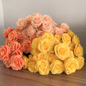 shine&sasha Bouquet de Roses artificielles à 9 têtes, fleur jaune, doré, orange, coucher de soleil, Champagne, fausse Rose, décoration de salon,