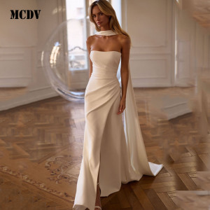 Plissierte Satin-Brautkleider, trägerlos, Meerjungfrauen-Stil, seitlich geschlitzt, elfenbeinfarbene Hochzeitskleider 2026, Bänder, Vestido de Noiva