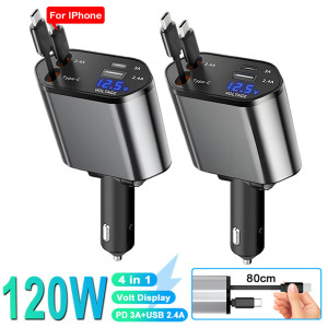 kebidumei 4 IN 1 Autotelefon-Ladegerät 120 W Typ C 66 W + 2,4 A Ladekabel mit einziehbaren Kabeln mit Volt-Display für IPhone Huawei Samsung