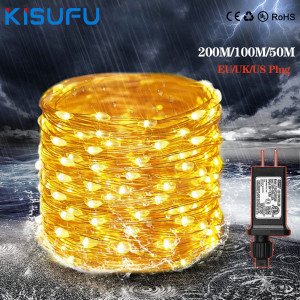 KISUFU 200M/100M/50M LED Lichterketten Im Freien Wasserdichte Garten Hochzeit Decor Weihnachten Kupfer draht Girlande Fee Licht 110V 220V 230V