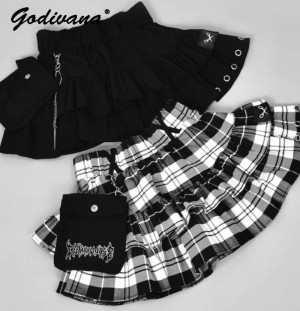 Godivana Frühling und Herbst Harajuku japanischen College Punk Rock mit hoher Taille für Frauen Kette dekorative gekräuselte lässige Damen Minirock