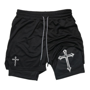 AoFuson Wolf 2-in-1-Workout-Laufshorts mit Kreuzmuster für Herren, christliches Fitnessstudio, sportliche Shorts mit Kompressionsfutter, Handytasche,