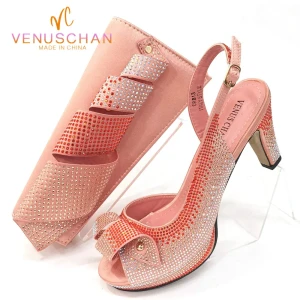 Venus Chan Neueste INS Stil Pfirsich Farbe Strass Elegante High Heels Nigeria Beliebte Design Afrikanische Damen Schuhe Und Tasche Set