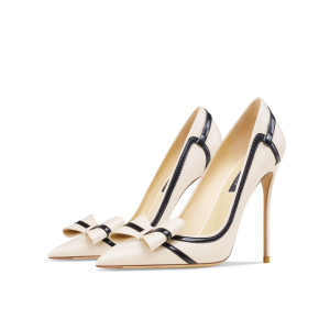 CHAOHANMIAONI Echtes Leder Beige Schleife Pumps 2025, neue spitze Zehen, flacher Mund, Stiletto-High-Heels, modische sexy Partyschuhe für Frauen