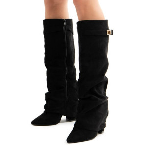 NONE 2025 neue Stil Metall Schnalle frauen Kniehohe Stiefel Spitz Rohen Absatz Einfarbig Weibliche Lange Stiefel Qualität damen Schuhe