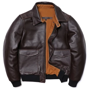 NONE Klassische A2-Stil Echtlederjacke Herren Air Force Natürliche Rindsledermäntel Braune Kalbslederkleidung Mann Flugkleidung