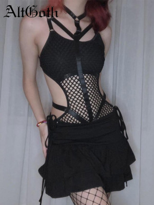 AltGoth Gothic Sexy Netzs Overall Frauen Harajuku Streetwear Mall Goth Sehen Durch Bodysuit Nachtclub Aushöhlen Emo Strampler