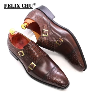 Felix Chu Herren-Kleiderschuhe, Größe 39–46, echtes Leder, Doppelschnalle, Mönchsriemen, Schlangenmuster, Kappe, Zehenbereich, klassischer