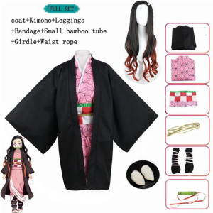 NONE Anime Nezuko Cosplay Kamado Nezuko Cosplay Kostüm Nezuko Perücke Uniform mit Requisiten für Erwachsene Kinder Halloween Karneval Kostüme