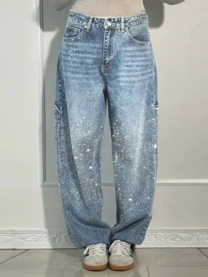 Koedse Sert Glänzende Strass-Baggy-Jeans mit weitem Bein für Damen, voller Diamanten, weites Bein, ziehende Denim-Hose, Vintage-gewaschene Hose,