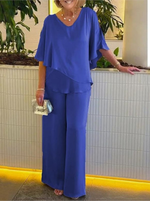 owner girl 2025 sommer Mode Elegante Set frauen Neue Ankunft Einfarbig V-ausschnitt Unregelmäßige Top Hohe Taille Breite Bein Hosen Zwei Stück set