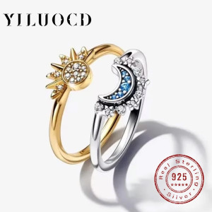YILUOCD Ring-Set für Sonnen- und Mond-Paare aus 925er Silber, himmelblau, funkelnde Zirkonia-Ringe, Versprechen, edler Schmuck, Geschenke zum