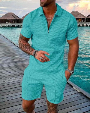BOILEN HENG XIN Herrenmode lässig leicht Luxus gestreift POLO-Shirt Set Sommer Revers Kurzarm Pullover Sport Trend Slim-Fit Herren T-Shirt