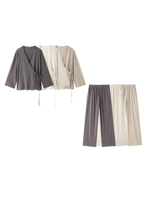 TRZA Frauen Mode Mit Gebunden Lose Kimono Blusen Und Hohe Elastische Taille Seite Taschen Hosen Weibliche Zwei Stück Sets Mujer