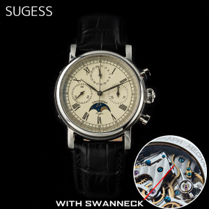 Sugess Herrenuhr ST1908 Schwanenhals-Uhrwerk, mechanische Chronographen-Armbanduhr, echter Mondphasenkalender, Vintage-Leder, NEU 2023