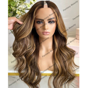 fantasy beauty Balayage Highlight Blonde Frauen Echthaar 1x4 Öffnung V-Teil Perücken Ombre Hellbraun Leimlose verstellbare V-Teil Perücken Einfach zu