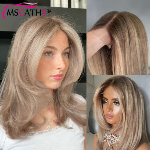 Mscathy 200 % Asche Wram Blonde Farbige Spitze Front Bob Perücken 13x4 Glueless Kurze Bob Brasilianische Remy Haar Perücken Für frauen UHD