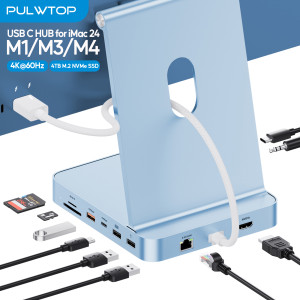 PULWTOP Verbesserter 11-in-1-USB-C-Hub für iMac 24-Zoll-USB-Hub M1 M3 M4, unterstützt M.2 SSD, 4K HDMI, Ethernet, USB A/C 10 Gbit/s, SD/TF