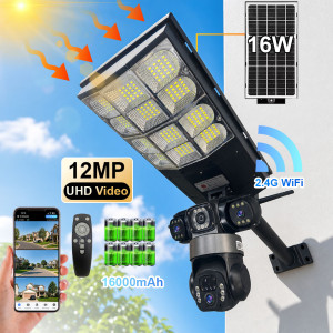 NONE Caméra solaire 2-en-1 pour éclairage public, 12MP, 3 objectifs, WiFi, caméra de sécurité extérieure avec vision nocturne, suivi de mouvement,