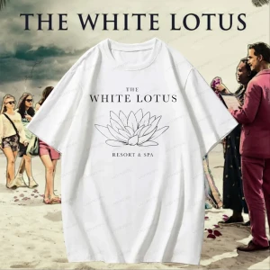 laoyaoyifu ‌ Lustiges The White Lotus Season Slogan T-Shirt, 100 % Baumwolle, Rundhals-T-Shirt mit Retro-TV-Show-Mustern für Herren- und Damen-Shirts