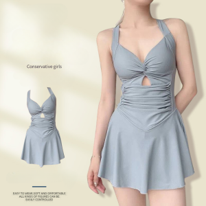 NONE Badeanzug für Damen, einfarbig, schlankmachend, einteilig, Kleid-Stil, konservativer Taillenstraffung, schlankmachender Urlaubs-Badeanzug