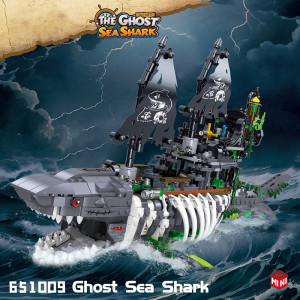 AMAZINGBLOKS 1155-teiliger Hai-Piratenschiff-Bausatz, kreatives Hai-Geisterschiff-Modell aus Bausteinen mit Licht, lehrreiches Spielzeug, Geschenk für