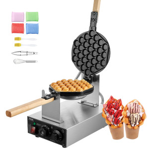 SucceBuy Commerciële Egg Bubble Wafelijzer 1400W Non-stick RVS Bubble Puff w/180 °   Draaibare 2-pannen en houten handgrepen