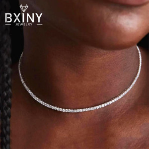BXINY 2 mm Moissanit-Tennis-Halskette aus 925er-Sterlingsilber für Damen, verstellbare Halskette, edler Schmuck, Geschenke, GRA-zertifiziert
