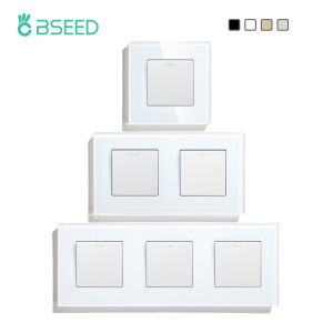 BSEED Mechanischer Wandlichtschalter, Doppelknopfschalter, 1 Gang, 1 Weg, mit Glasrahmen, Dreifach-Netzschalter, 250 V, Weiß, Schwarz