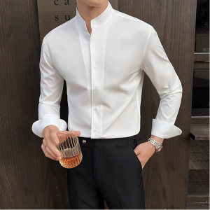 NONE Chemise à col montant de Style chinois, couleur unie, manches longues, coupe cintrée, élastique, décontractée, chemises de fête sociale, smoking
