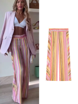 TF·MLN Nouveau pantalon pour femme TFMLN, rayé, droit, multicolore, à jambes larges, long, décontracté, mode streetwear, tenue pour femmes