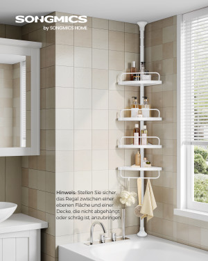SONGMICS 85-305 Cm In Hoogte Verstelbaar Doucherrek Met 4 Bakjes Badkamerplank, Douchehoek Boren Niet Nodig, Wit/Zwart White