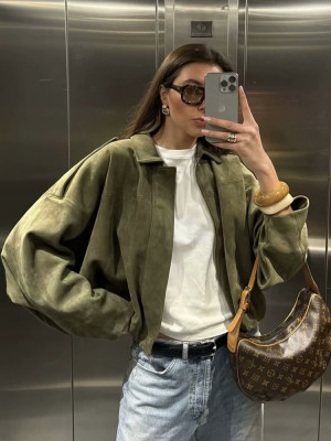 Klkxmyt Frauen Grün Wildleder Jacke 2026 Neue Frühjahr Mode Lange Sleeve Zipper Oversize Bomber Jacken Chic Weibliche Straße Casual Mäntel ﻿