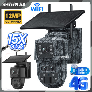 INQMEGA SHIWOJIA 12MP 15X Zoom 4G SIM Dual-Screen Solar-Kamera WLAN Outdoor 4K Drei-Linsen Auto-Sicherheitsschutz Auto-Tracking-Kameras