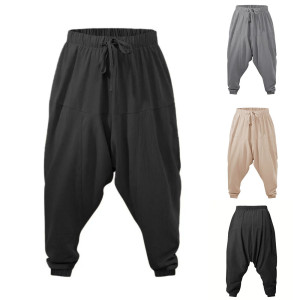 FURCW Haremshose für Herren, Baumwolle, Leinen, tiefer Schritt, gemütliche Streetwear, lockere Passform, atmungsaktiv, leicht, lange Hose, männliche