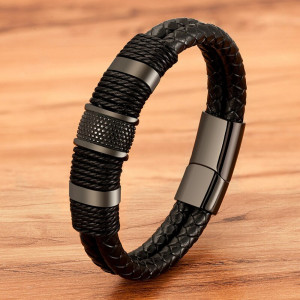NONE Vintage geflochtene Lederarmbänder für Herren, klassische Edelstahl-Armreifen, Punk-Armband, Schmuck, Geschenke für Männer K-