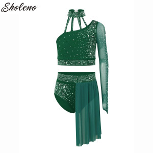 Sholeno Kinder Mädchen 2Pcs Ballett Tanz Sets Leistung Kostüm Strass Gymnastik Jersey Eine Schulter Crop Top mit Unregelmäßigen Rock
