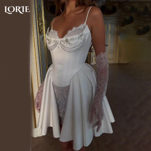 LORIE Elegantes kurzes Hochzeitskleid aus Spitze mit Applikationen, Perlen, Ball, glänzend, herzförmiger Spaghettiträger, Brautkleid, individuelles