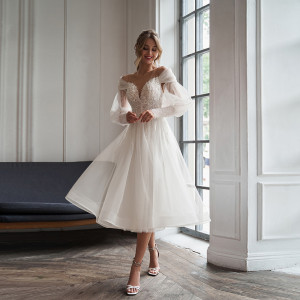 rose novias Moderne Tüll Tee Länge Weiß Engagement Party Hochzeit Kleid Für Braut Mit Sleeve V-ausschnitt Sheer Zurück A Linie свадебное