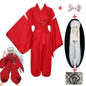 NONE Anime Inuyasha Cosplay Kostüm Rot Japanische Kimono Mann Robe Kostüm Kleidung Mit Perücken Ohren Und Halskette Für Halloween Party