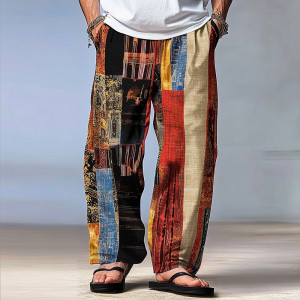 NONE Herren-Hose mit Farbblock-Patchwork, mittlere Taille, Kordelzug, elastische Taille, hawaiianische, lässige Outdoor-Hose mit geradem Bein
