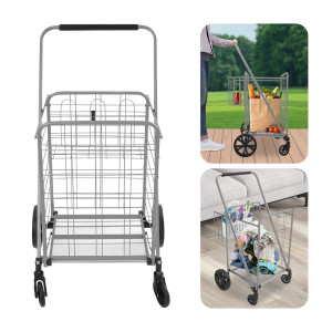 NONE Panier de courses   Chariots utilitaires   Caddie de courses pliable à double panier   Chariot à main multi-usage pour les courses et la lessive