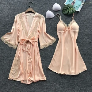 NONE 2PCS Weibliche Spitze Pyjamas Set Satin Hause Pyjamas Spitze Robe Schlaf Anzug V-ausschnitt Hochzeit Nachtwäsche Seide Kleid Frauen Nachtwäsche