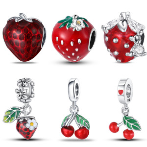 Pandach Neue 925 Silber Farbe Erdbeere Kirsche Obst Serie Charms Perlen Fit 3mm 925 Original Armbänder DIY Geburtstag Schmuck geschenke