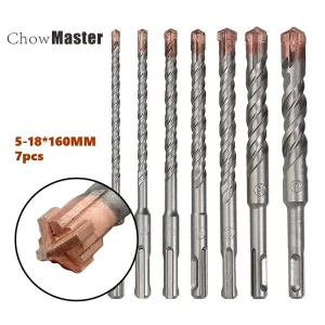 CHOWMASTER 7-teiliges 4-schneidiges SDS-Plus-Bohrhammer-Set, 5, 6, 8, 10, 12, 14, 16, 18 mm, 160 200 mm, für Beton, Ziegelblock, Stein, Mauerwerk und