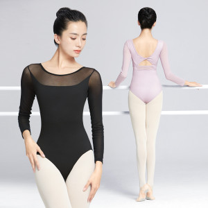 daydance Frauen Ballett Trikots Schwarz Gymnastik Knick Tanz Bodys Kostüme Erwachsene Patchwork Mesh Langarm Ballerina Trikots
