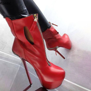 Rontic Neue Stilvolle Frauen Winter Plattform Stiefeletten Sexy Stiletto Heels Runde Kappe Ziemlich Rot Fuchsia Party Schuhe UNS Größe 5-20